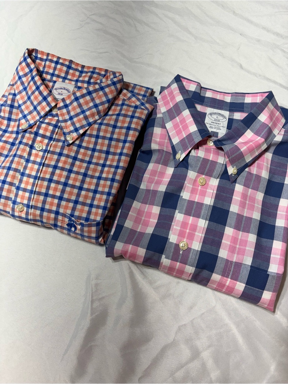 Lot of 2 Brooks Brothers 1818 Shirts Men Large Plaid Orange Purple Long Sleeve